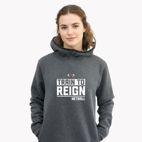 Person wearing a C2C Sport dark grey marle fleece pullover hoodie with 'Train to Reign Netball' text on a white background.