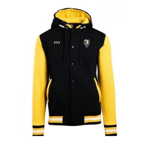 Ladies Hooded Varsity Jacket Gold Black Front View