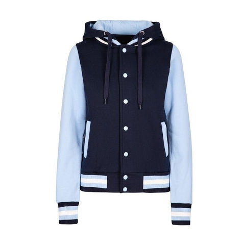 Ladies Hooded Varsity Jacket Navy Sky Blue Front View